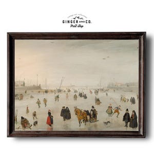 Ice Skating Scene on a Frozen River - PRINTABLE DIGITAL DOWNLOAD - Vintage Oil Painting, Winter Landscape, Christmas Wall Art