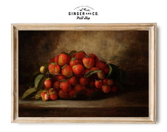 Pittura di natura morta con fragole - DOWNLOAD DIGITALE STAMPABILE - Stampa vintage di fragole, arte della parete della cucina