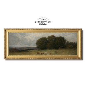Panoramic Landscape Print - Cattle Grazing, French Country Cottage, Giclée Canvas Art Print, Peel and Stick