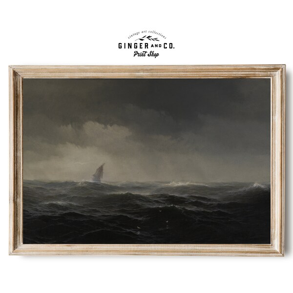 A Black Seascape - Vintage Oil Painting, Coastal Wall Art, Gicée Canvas Print, Peel and Stick