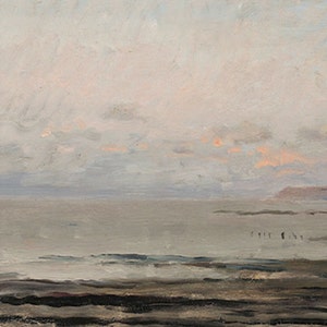 May include: A painting of a seascape with a light blue sky and a calm, gray sea. The horizon is visible in the distance, and there are a few small, dark shapes in the water that could be birds or boats.