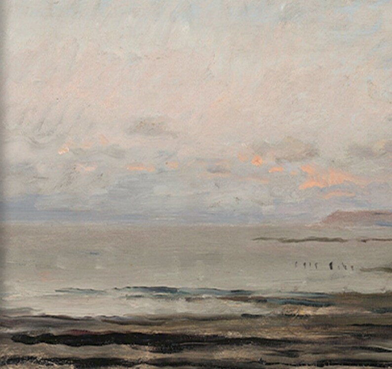 May include: A painting of a seascape with a light blue sky and a calm, gray sea. The horizon is visible in the distance, and there are a few small, dark shapes in the water that could be birds or boats.