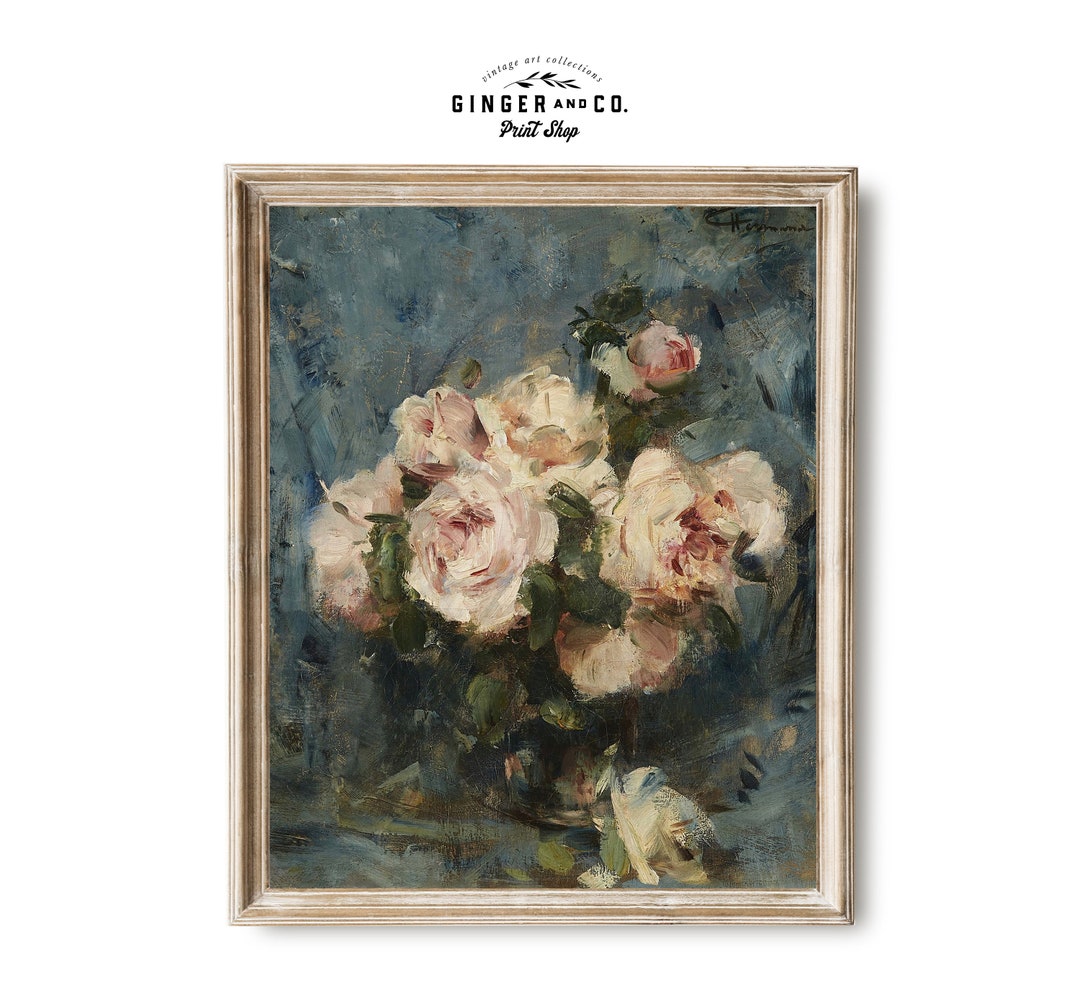 Vintage Pink Roses Still Life Oil Painting - SHIPPED PRINT - Moody ...