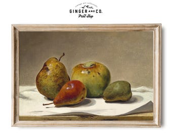 Still Life with Apples and Pears -SHIPPED PRINT - Autumn Still Life, Fall Wall Art, Vintage Oil Painting, Gicée Canvas Print, Peel and Stick