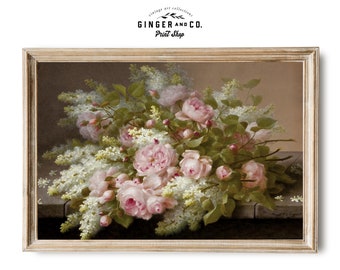 Still Life Painting with Pink and White Flowers - PRINTABLE DIGITAL DOWNLOAD - Vintage Floral Oil Painting