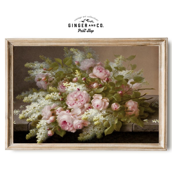 Still Life Painting with Pink and White Flowers - PRINTABLE DIGITAL DOWNLOAD - Vintage Floral Oil Painting