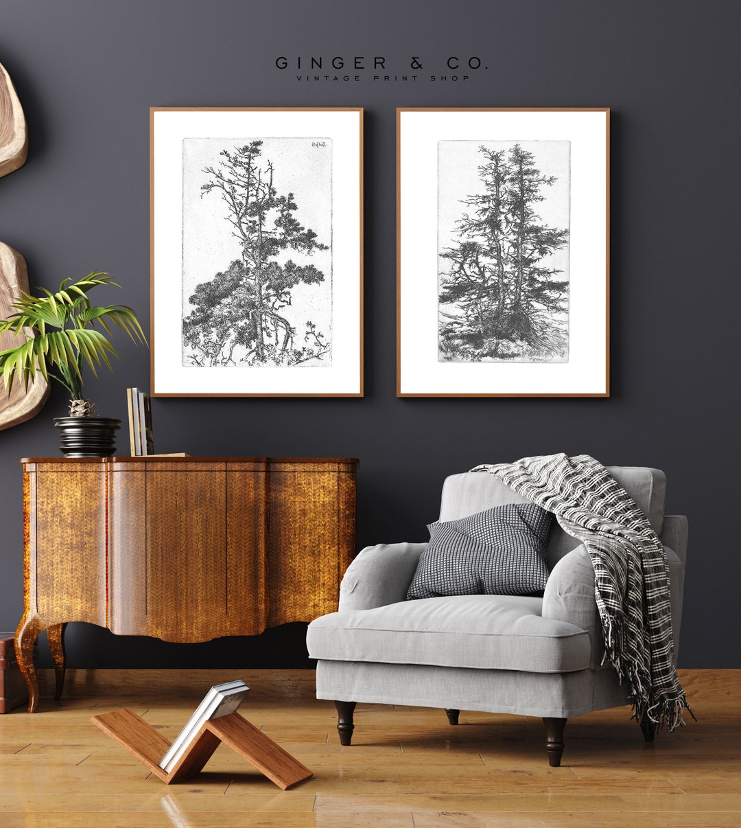 Ernest Haskell Set of Two Tree Sketch Prints Vintage Fine Art Drawing