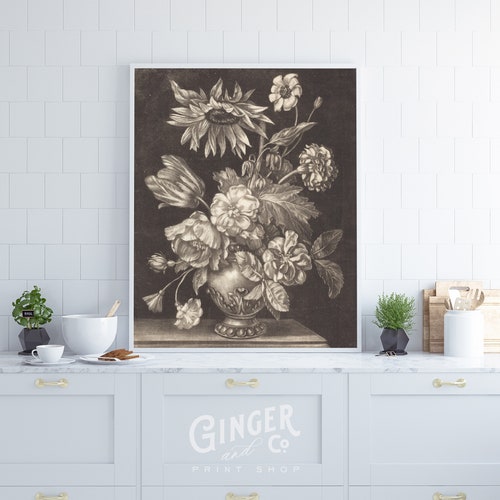 Sunflower in hot a Vase -- Vintage Fine Art Drawing -- Framed Digitally Printed Canvas Art