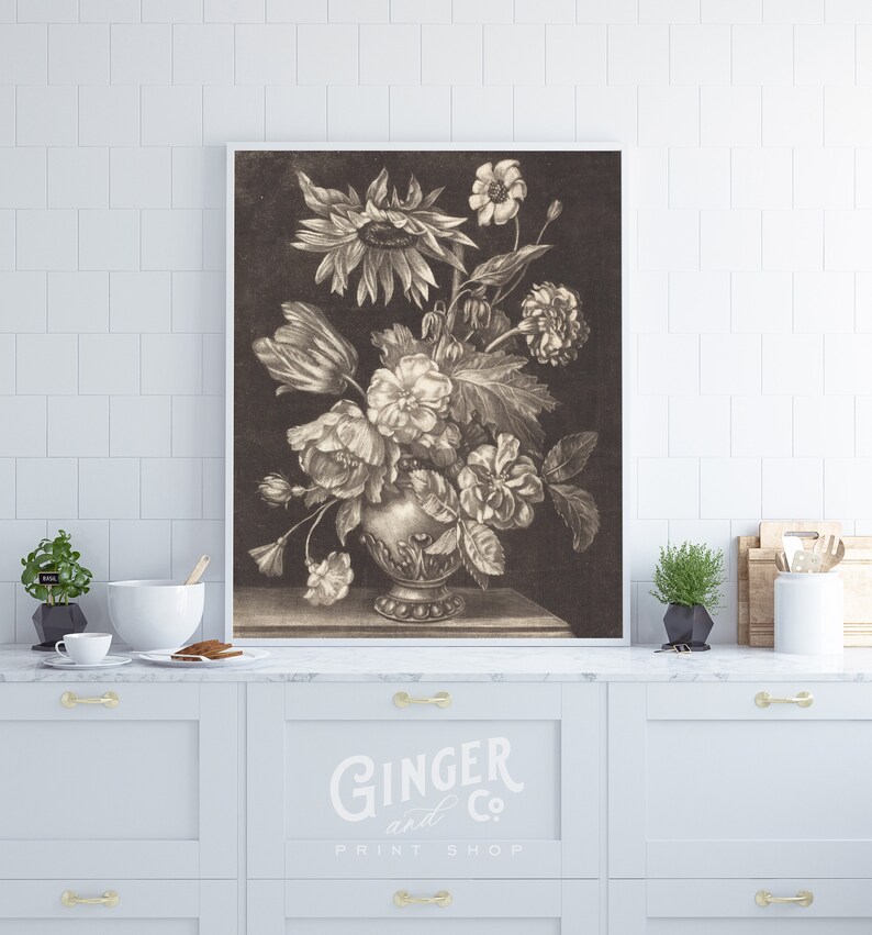 Sunflower in hot a Vase -- Vintage Fine Art Drawing -- Framed Digitally Printed Canvas Art