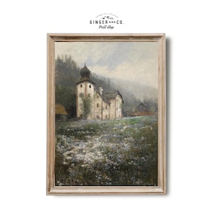 Vintage Castle in a Landscape with Wild Flowers - PRINTABLE DIGITAL DOWNLOAD - French Country Cottage, French Oil Painting