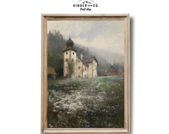 Vintage Castle in a Landscape with Wild Flowers - PRINTABLE DIGITAL DOWNLOAD - French Country Cottage, French Oil Painting