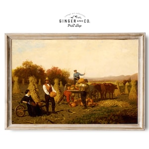 Autumn Harvest - PRINTABLE DIGITAL DOWNLOAD - Vintage Pumpkin Oil Painting, Fall Landscape Print