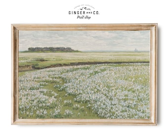 Paisaje primaveral con campo de trébol floreciente - DESCARGA DIGITAL IMPRIMIBLE - Pintura al óleo de cabaña de campo francesa - Impresión de arte vintage