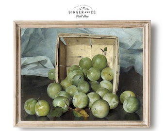 Stillleben Ölgemälde mit grünen Pflaumen - DRUCKBARE DIGITALE DOWNLOAD - Vintage Küchenkunst