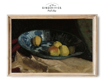 Vintage Stillleben Ölgemälde - DRUCKBARE DIGITAL DOWNLOAD - Äpfel in der Porzellanschale, bildende Kunst des 19.Jahrhunderts, Küchen Wandkunst