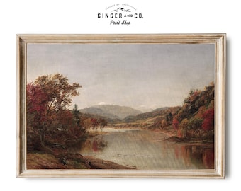 River Landscape in Autumn Digital Print -- Warm Tones, Fall Foliage, Mountain, Vintage Oil Painting -- Printable DOWNLOAD