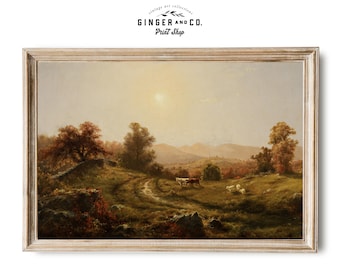 Cattle in an Autumn Landscape -- Warm Tones Fall Landscape Vintage Oil Painting, Pumpkin Farm -- Printable Digital DOWNLOAD, Moody Wall Art