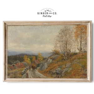 Village Landscape in Autumn - PRINTABLE DIGITAL DOWNLOAD - Country Road, Farmhouse Fall Landscape, Vintage Oil Painting
