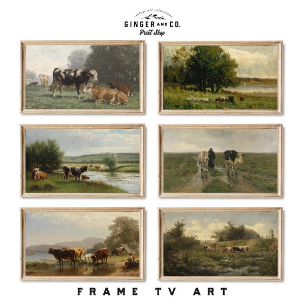 Art TV cadre vaches - paysage vintage avec peinture à l'huile de bétail, art TV cadre Samsung, téléchargement numérique