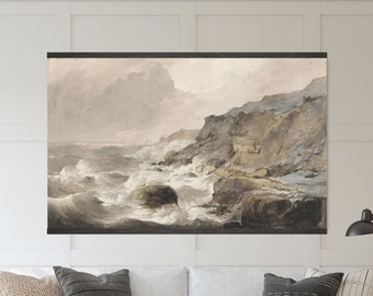 Neutral Coastal Vintage Painting - Tapestry Wall Hanging - Moody Seascape Oil Painting, Coastal Cottage Wall Art, Canvas Giclée Art Print
