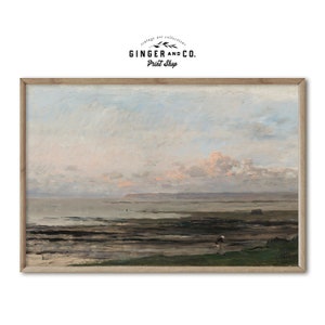 May include: A painting of a seascape with a single figure standing in the foreground. The sky is a pale blue with wispy clouds and a hint of pink in the distance. The water is calm and reflects the sky. The figure is small and appears to be wearing a dark coat.