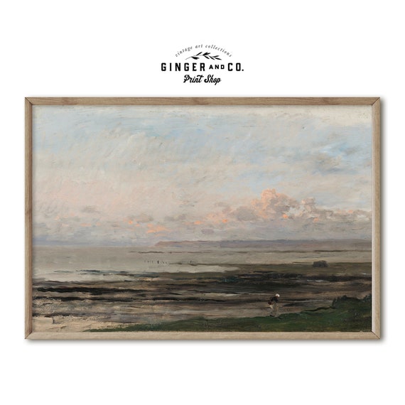 Beach at Low Tide -- PRINTABLE DIGITAL DOWNLOAD -- Vintage Coastal Print, Seascape Oil Painting, Cloudy Sky, Moody Wall Art