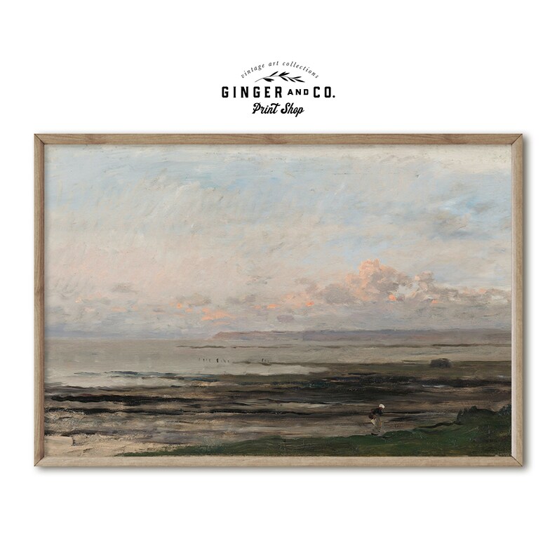 May include: A painting of a seascape with a single figure standing in the foreground. The sky is a pale blue with wispy clouds and a hint of pink in the distance. The water is calm and reflects the sky. The figure is small and appears to be wearing a dark coat.