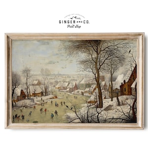 Winter Landscape with Ice Skaters - PRINTABLE DIGITAL DOWNLOAD - Christmas Wall Art, Vintage Winter Oil Painting
