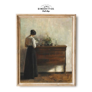 Woman Reading Near a Dresser -- PRINTABLE DIGITAL DOWNLOAD Vintage European Figurative Oil Painting Fine Art