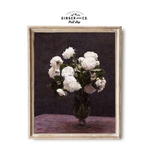 Still Life Painting with White Roses in a Vase - PRINTABLE DIGITAL DOWNLOAD - French Country Cottage, Vintage Floral Oil Painting