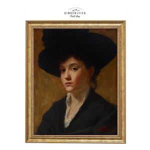 Moody Vintage Woman Oil Painting - Woman Wearing a Black Hat - Giclée Canvas Fine Art Print, Peel and Stick Art