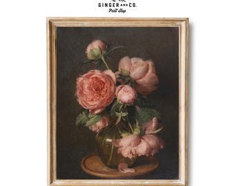 Floral Still Life Painting - PRINTABLE DIGITAL DOWNLOAD - Pink Peonies Print, Vintage Flower Art