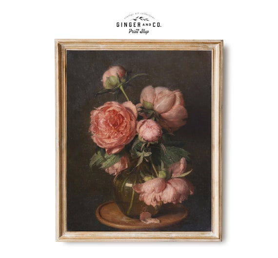 Floral Still Life Painting - PRINTABLE DIGITAL DOWNLOAD - Pink Peonies Print, Vintage Flower Art