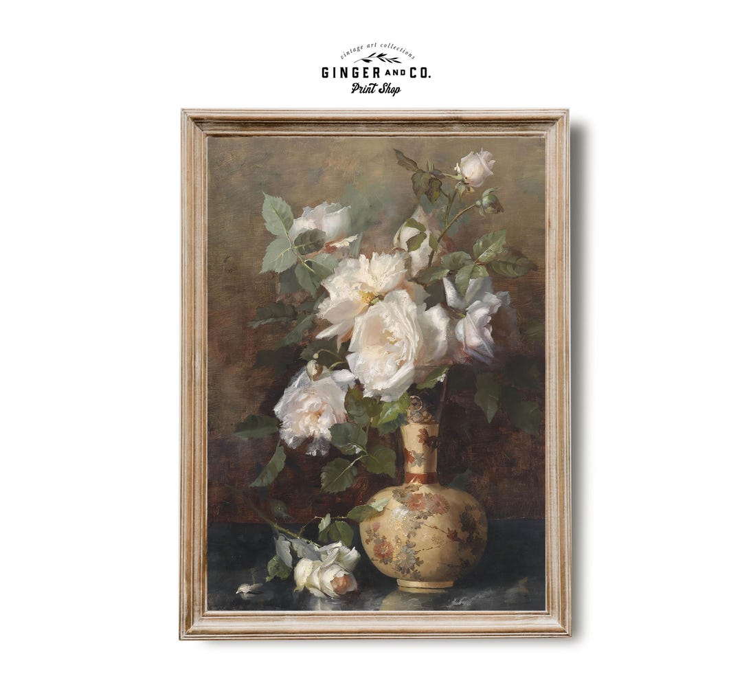 Vintage White Roses Oil Painting - SHIPPED PRINT - Moody Roses Still ...