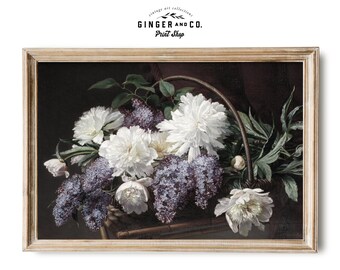 Lilacs Still Life Oil Painting - SHIPPED PRINT - White Peonies Still Life, Giclée Canvas Fine Art Print, Peel and Stick