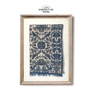 Blue Floral and Birds Textile Design -- PRINTABLE DIGITAL DOWNLOAD Early 20th Century Vintage Drawing -- Print Your Own Wall Art