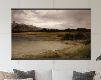 Moody Vintage Landscape with Lake Oil Painting - Tapestry Wall Hanging - Canvas Wall Art, Canvas Giclée Art Print