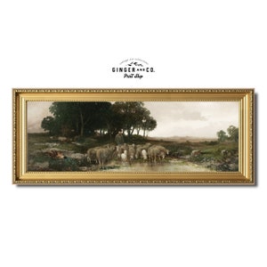 Moody Panoramic Landscape Print - Sheep at a Watering Hole - French Country Cottage, Giclée Canvas Art Print, Peel and Stick
