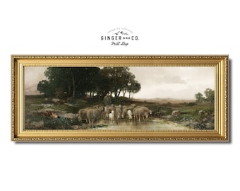 Moody Panoramic Landscape Print - Sheep at a Watering Hole - French Country Cottage, Giclée Canvas Art Print, Peel and Stick