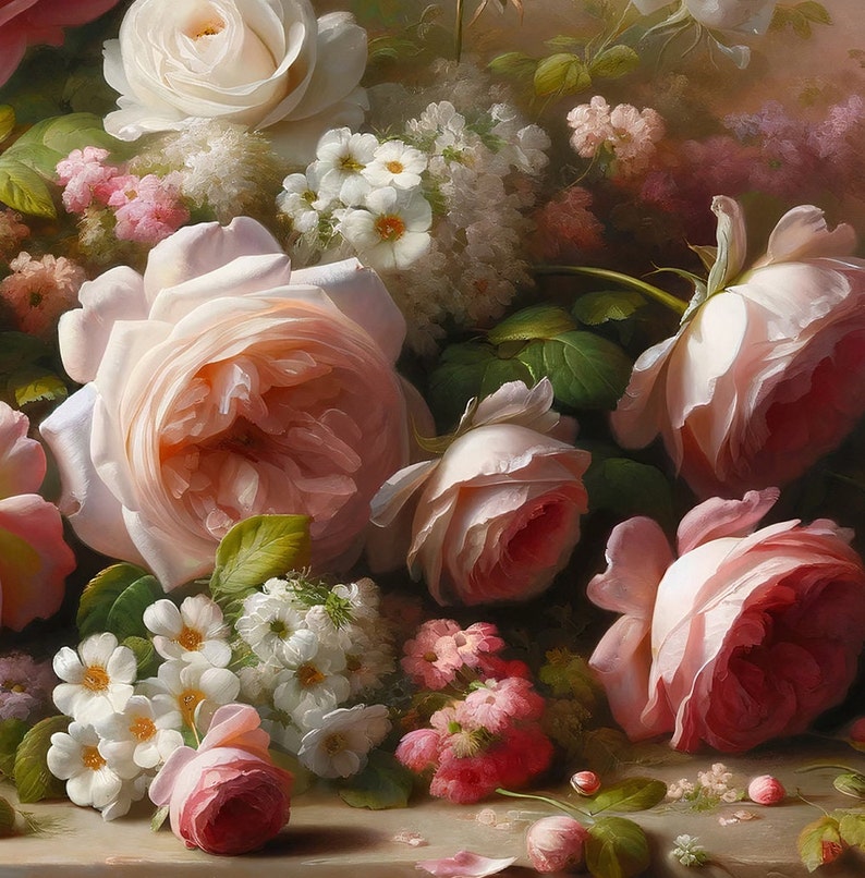 Pink Roses Still Life Oil Painting - SHIPPED PRINT - Vintage Spring ...
