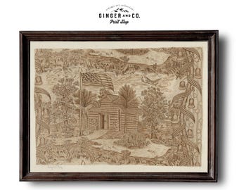 Historic American Textile Design - PRINTABLE DIGITAL DOWNLOAD - Early 20th Century Vintage Drawing, Cabin Art, Patriotic Scene Print