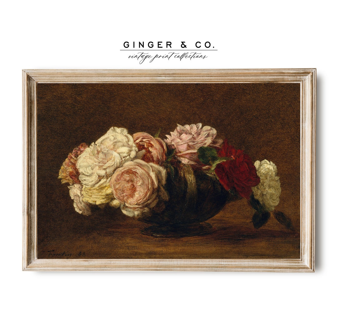 Vintage Roses Still Life Oil Painting - Moody Flower Art, Canvas Gicée ...