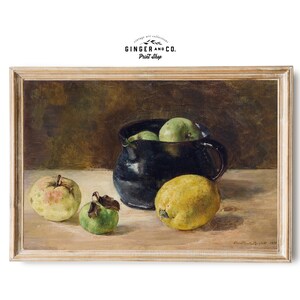 Moody Still Life Oil Painting - PRINTABLE DIGITAL DOWNLOAD - Vintage Apple Painting, Lemon Kitchen Wall Art,