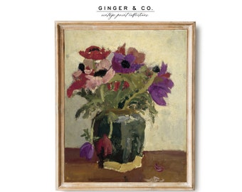 Still Life Oil Painting with Purple Anemones - PRINTABLE DIGITAL DOWNLOAD - Vintage Fine Art Print, French Country Cottage
