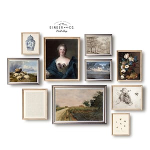 Blue Gallery Wall Art Set No 2 -- PRINTABLE DIGITAL DOWNLOAD -- French Country Cottage, French Woman, Landscape Drawing, Chinoiserie Design