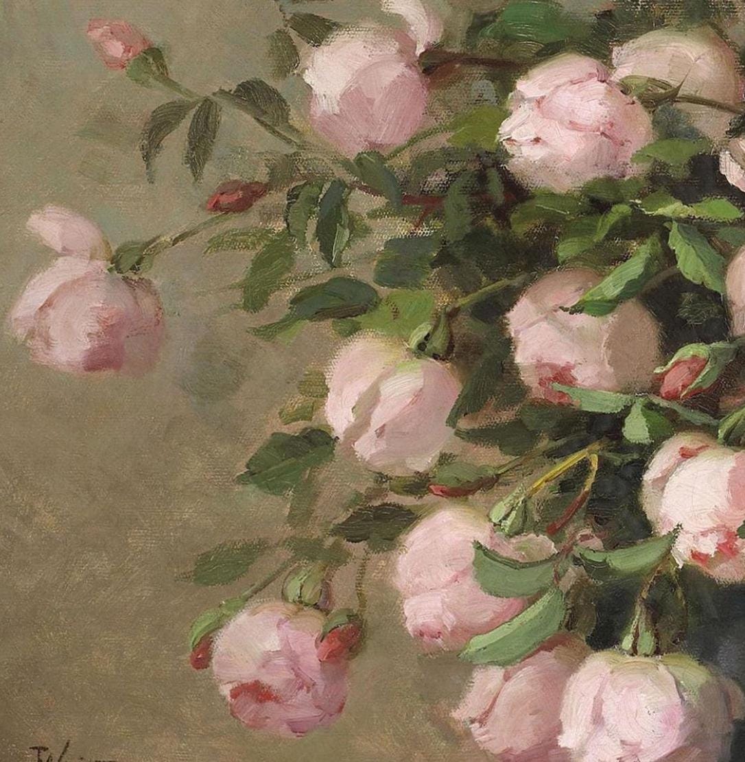 Pink Roses Still Life Oil Painting - SHIPPED PRINT - Moody Flowers ...