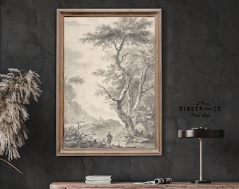 Vintage Tree Sketch - PRINTABLE DIGITAL DOWNLOAD - Washerwomen in the Forest, Antique Tree Drawing