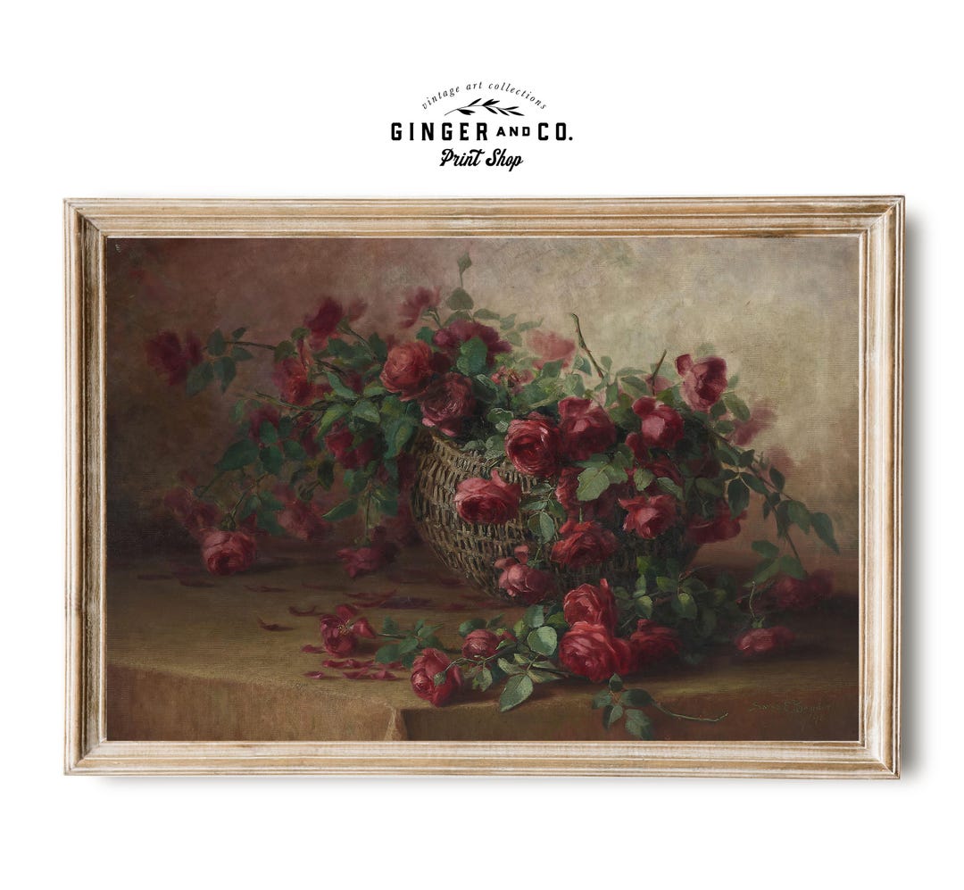 Moody Red Roses Still Life Oil Painting - SHIPPED PRINT - French ...