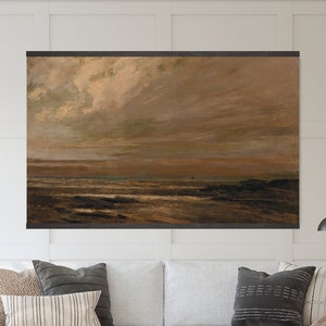 Coastal Cottage Tapestry Wall Hanging - Moody Seascape Oil Painting, Beach House Wall Art, Canvas Giclée Art Print image 1