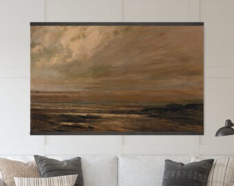 Coastal Cottage Tapestry Wall Hanging - Moody Seascape Oil Painting, Beach House Wall Art, Canvas Giclée Art Print